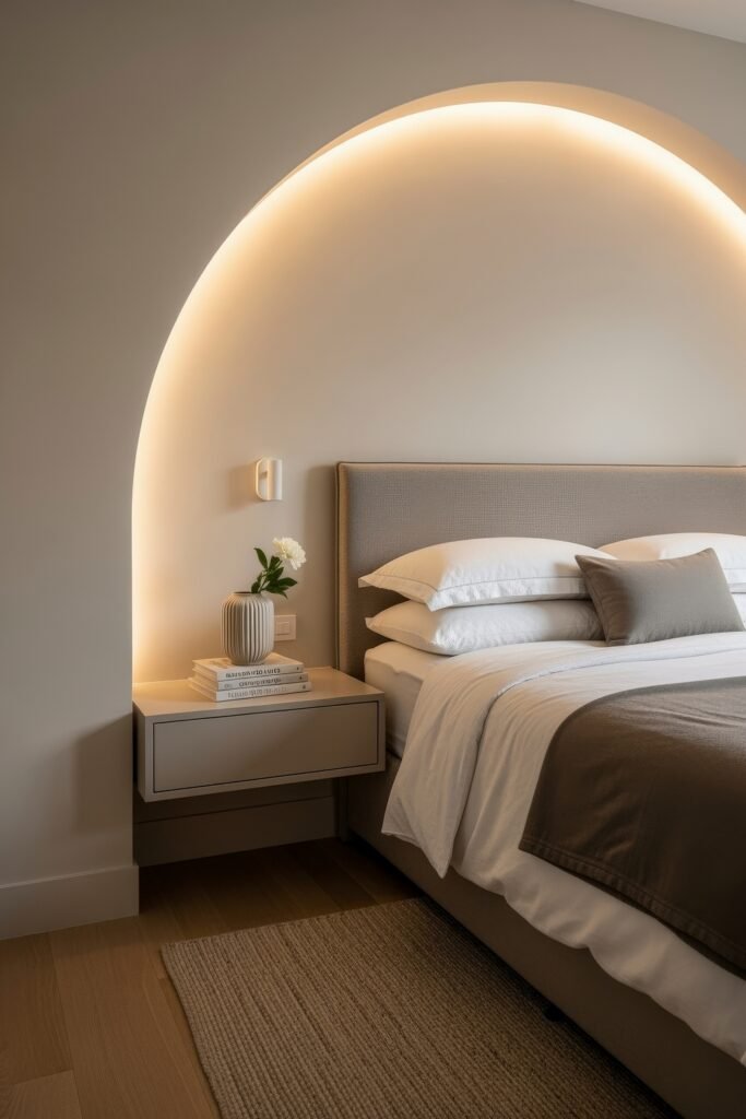 Smart, Stylish Storage Ideas for Small Bedrooms 20 Softly lit bedroom with a modern arched headboard wall, floating nightstand, and a vase with fresh flowers stacked on books.