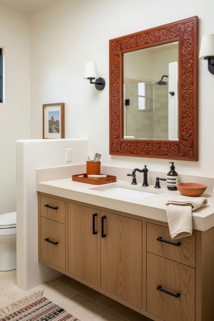 Desert-Modern Magic: Western Bathroom Decor Ideas 19 Spacious bathroom with carved leather mirror frame, floating wood vanity, black fixtures, and earthy accents for rustic Bathroom Decor Inspo.