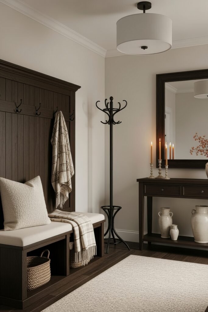 Fresh farmhouse fall decor Ideas for a Cozy, Modern Home 21 Entryway with a dark wood bench, soft cushion, plaid throw, and neutral pillow, styled with woven baskets and a console table decorated with candles and pottery for cozy fall decor.