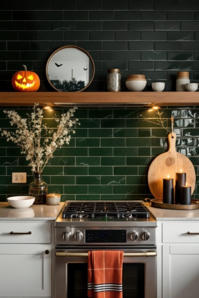 Fresh Ideas for your halloween kitchen 17 A halloween kitchen with dark green tile backsplash, glowing jack-o’-lantern, round mirror with bat decals, black candles on a tray, and rustic jars styled on a wooden shelf.