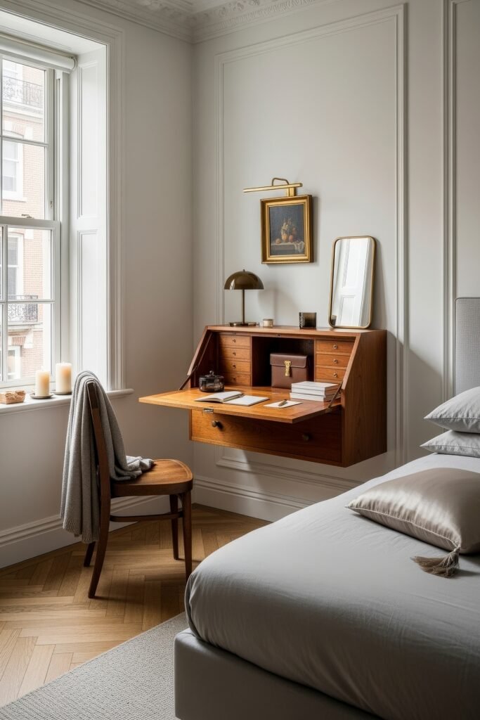 Small Bedroom Office Combo Ideas That Actually Look Chic 23 Classic bedroom featuring a wall-mounted wooden secretary desk with storage compartments, set under framed art and a brass lamp by the bed.