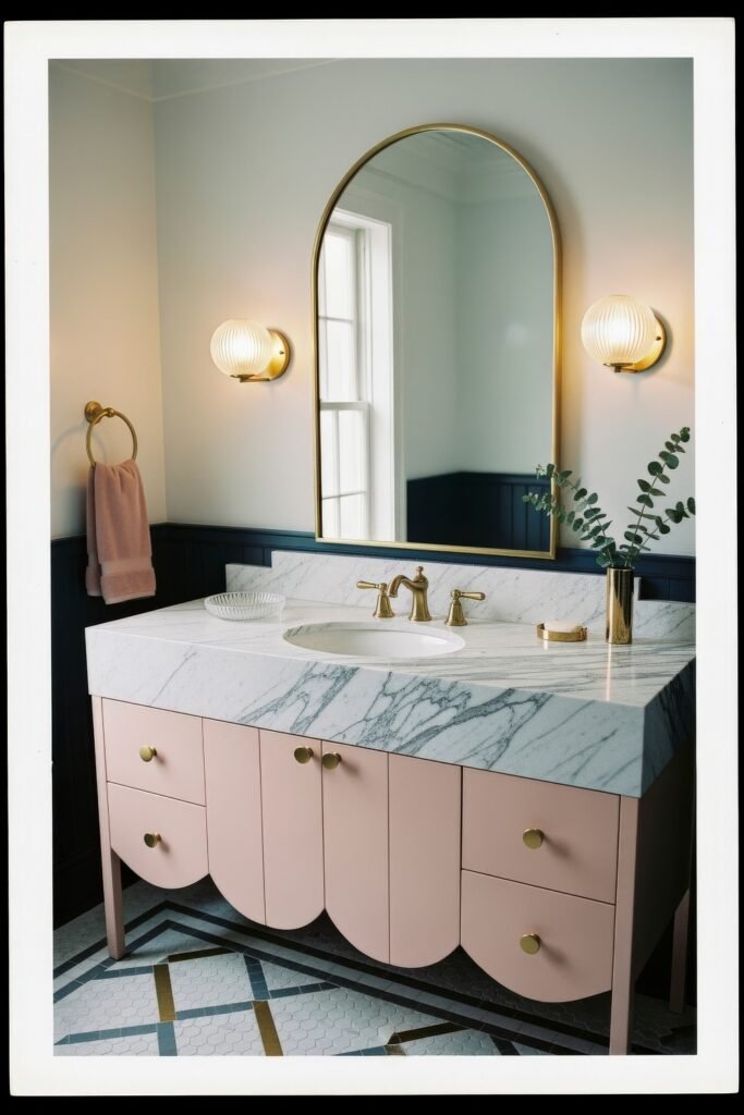 Bathroom Decor Ideas for Calm, Color, and Character 11 Stylish bathroom with a scalloped blush pink vanity, gold fixtures, marble countertop, and an arched mirror flanked by globe sconces—an eye-catching blend of vintage charm and modern bathroom decor ideas.