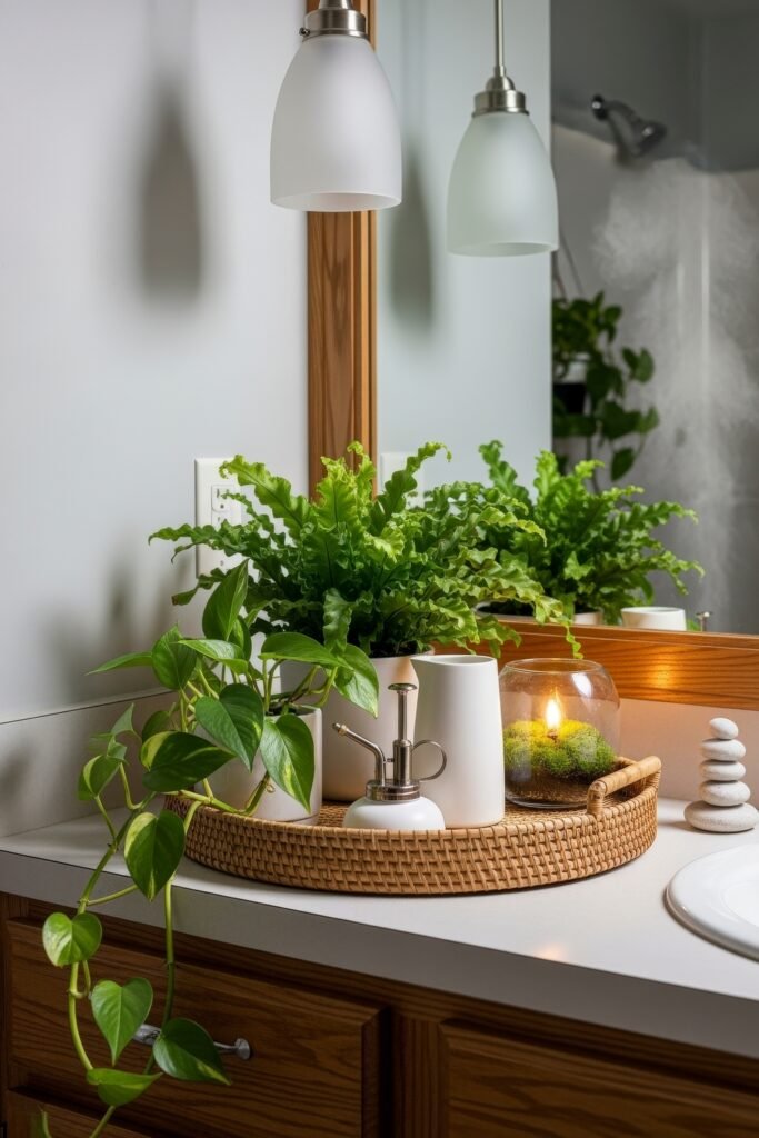 Stylish Bathroom Tray Ideas to Instantly Elevate Your Vanity 15 A round rattan bathroom tray with lush green plants, a soap dispenser, and a candle in a glass bowl with moss, adding vibrant natural decor to a light-filled vanity.