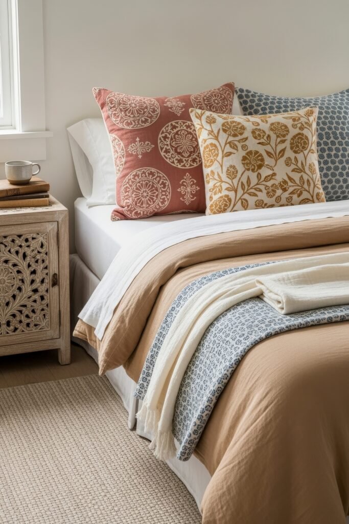 Dreamy Ways to Style a Cozy Boho Bedroom 17 Detailed close-up of a bed corner styled with patterned pillows in red, yellow, and blue tones, a layered tan and white blanket, and a carved wooden nightstand topped with books and a ceramic mug, exuding a cozy boho bedroom charm.