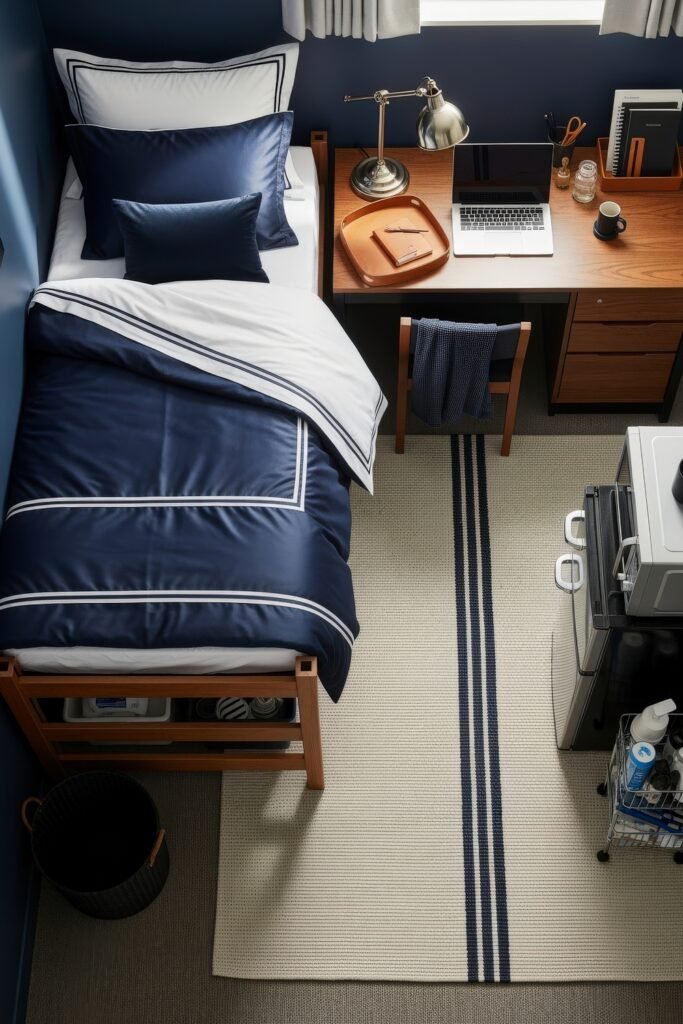 Dorm Room Ideas for Guys That Feel Grown 14 Sleek dorm setup with navy and white bedding, striped rug, wood desk with laptop and lamp, and a compact fridge-microwave combo for a polished look.