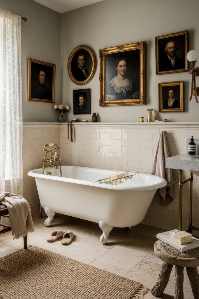 Elegant Ways to Layer french vintage bathroom décor 16 Vintage-style bathroom with a white clawfoot tub, marble vanity, and a gallery wall of antique portraits framed in gold.
