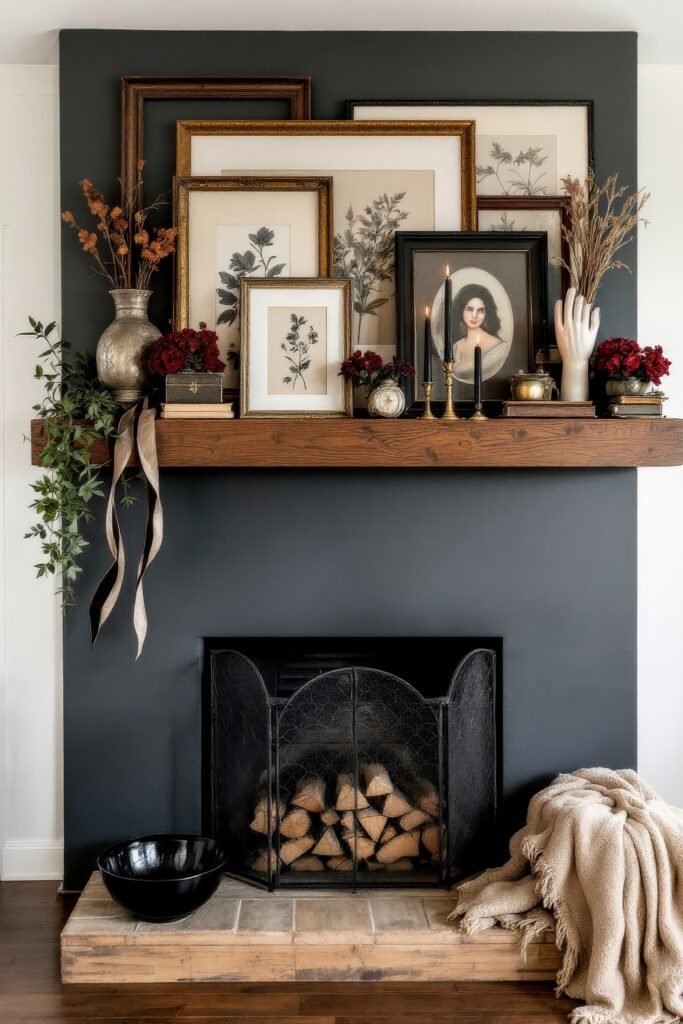 Spooky-Chic Halloween Fireplace Décor: Stylish Mantel Ideas 17 A dramatic black wall fireplace mantel decorated with layered vintage portraits, botanical prints, red flowers, brass candlesticks, and antique accents for a gothic Halloween-inspired look.