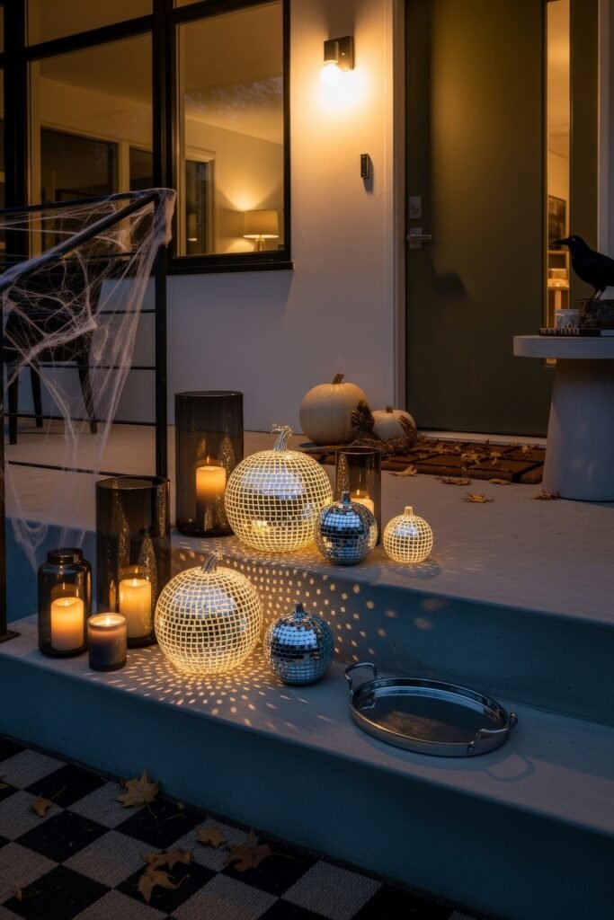 Spooky-Chic halloween porch ideas for Instant Curb Appeal 17 Modern porch styled with glowing disco ball pumpkins, black candles, cobwebs, and moody lantern light.