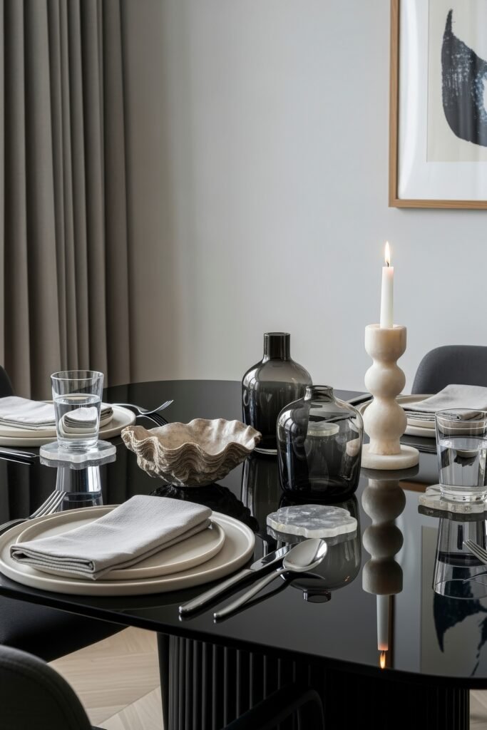 Ideas to Nail a Luxury Apartment Aesthetic 17 Contemporary dining table set with monochrome dinnerware, sculptural glass vases, a textured bowl, and a single lit candle.