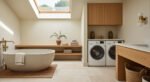 Modern bathroom laundry combo with a freestanding bathtub under a skylight, wood shelving, and side-by-side washer and dryer beneath oak cabinets.