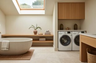Modern bathroom laundry combo with a freestanding bathtub under a skylight, wood shelving, and side-by-side washer and dryer beneath oak cabinets.