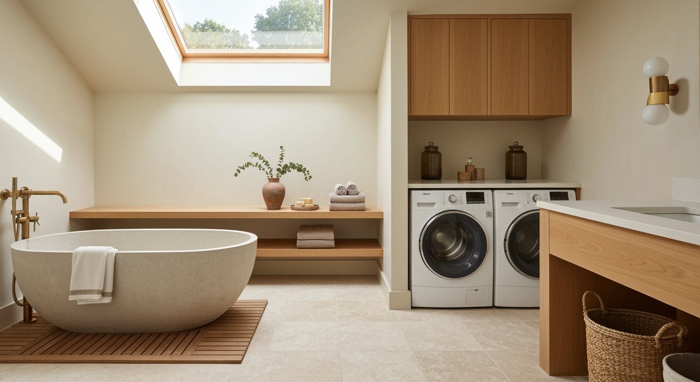 Modern bathroom laundry combo with a freestanding bathtub under a skylight, wood shelving, and side-by-side washer and dryer beneath oak cabinets.