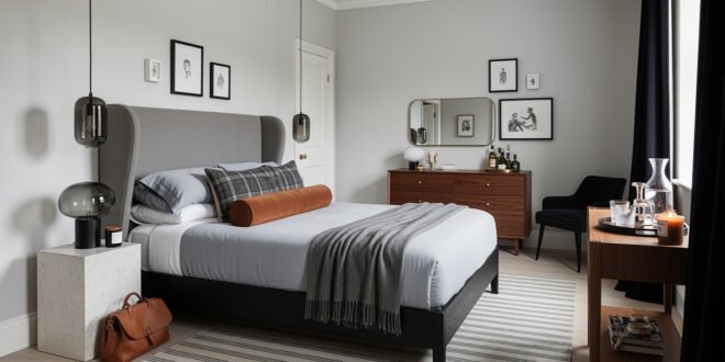 Sophisticated bedroom with a gray upholstered headboard, layered bedding, warm wood furniture, and modern lighting, offering refined bedroom ideas for men.