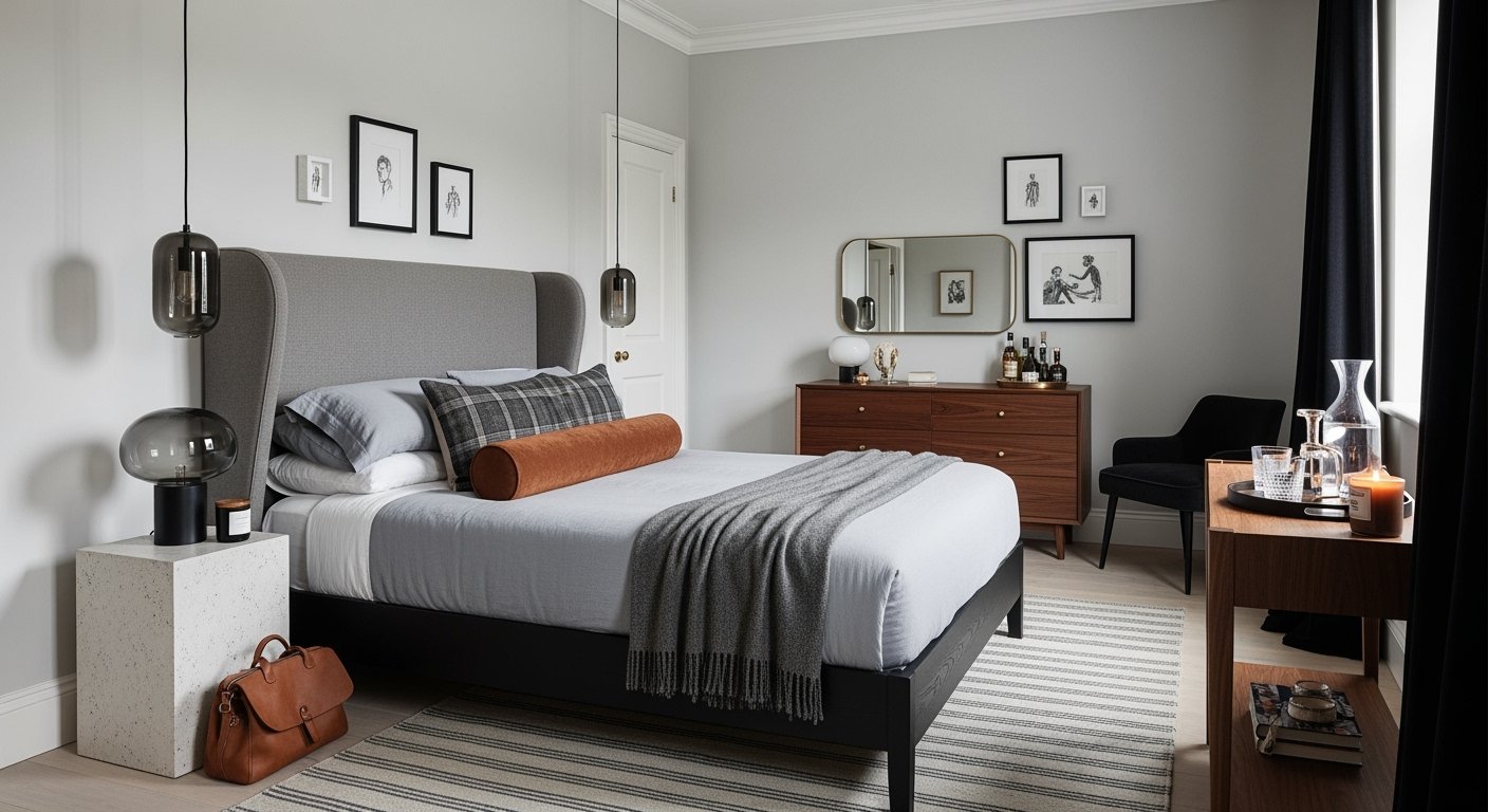 Sophisticated bedroom with a gray upholstered headboard, layered bedding, warm wood furniture, and modern lighting, offering refined bedroom ideas for men.