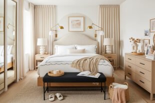 Bright neutral bedroom with a curved headboard, layered white bedding, light wood furniture, and cozy accents, offering elegant bedroom ideas for small rooms.