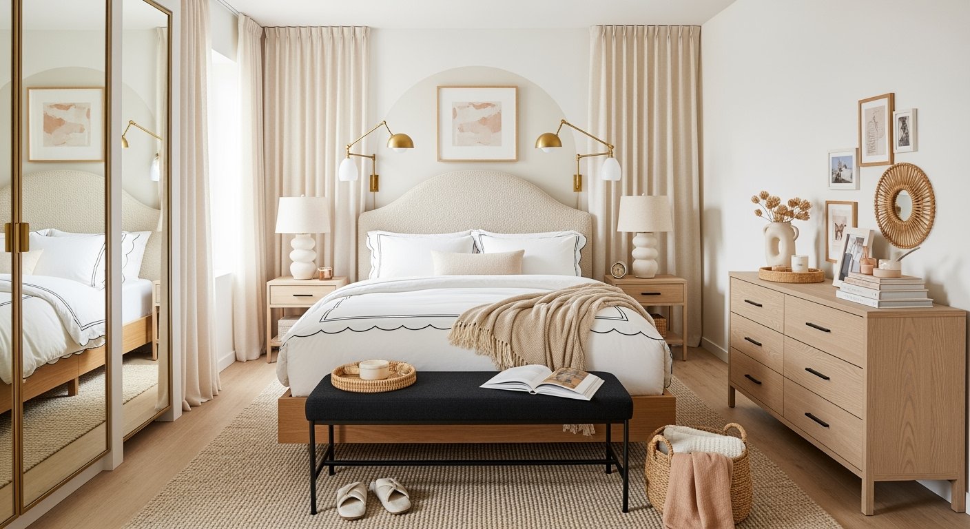 Bright neutral bedroom with a curved headboard, layered white bedding, light wood furniture, and cozy accents, offering elegant bedroom ideas for small rooms.