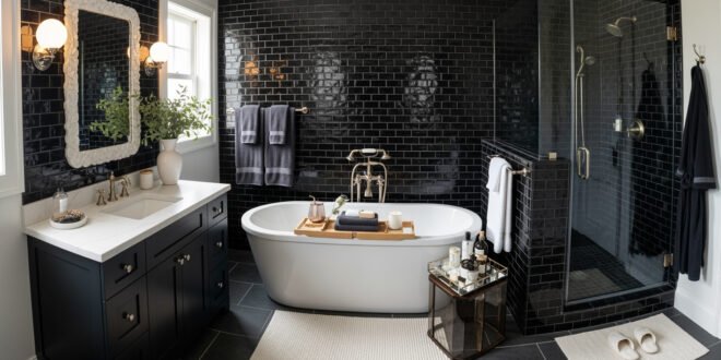 Stylish black and white bathroom decor featuring glossy black subway tiles, a freestanding white tub with a wooden tray, a glass-enclosed shower, and a sleek black vanity with a white countertop.