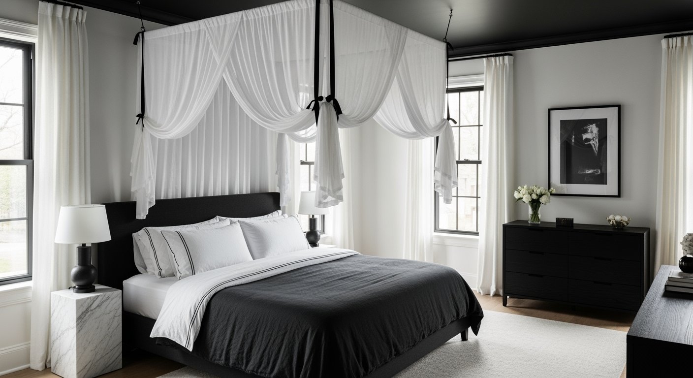 Modern bedroom with a black canopy bed dressed in white and charcoal bedding, framed by sheer drapes, black furniture, and a minimalist black-and-white artwork.