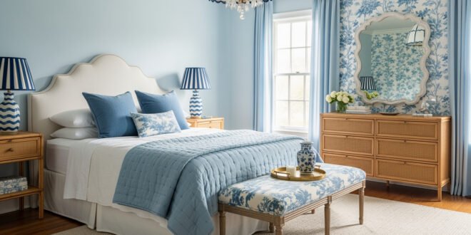 Elegant bedroom with light blue walls, white upholstered headboard, patterned bench, and layered blue bedding accented by striped lamps and wicker furniture.
