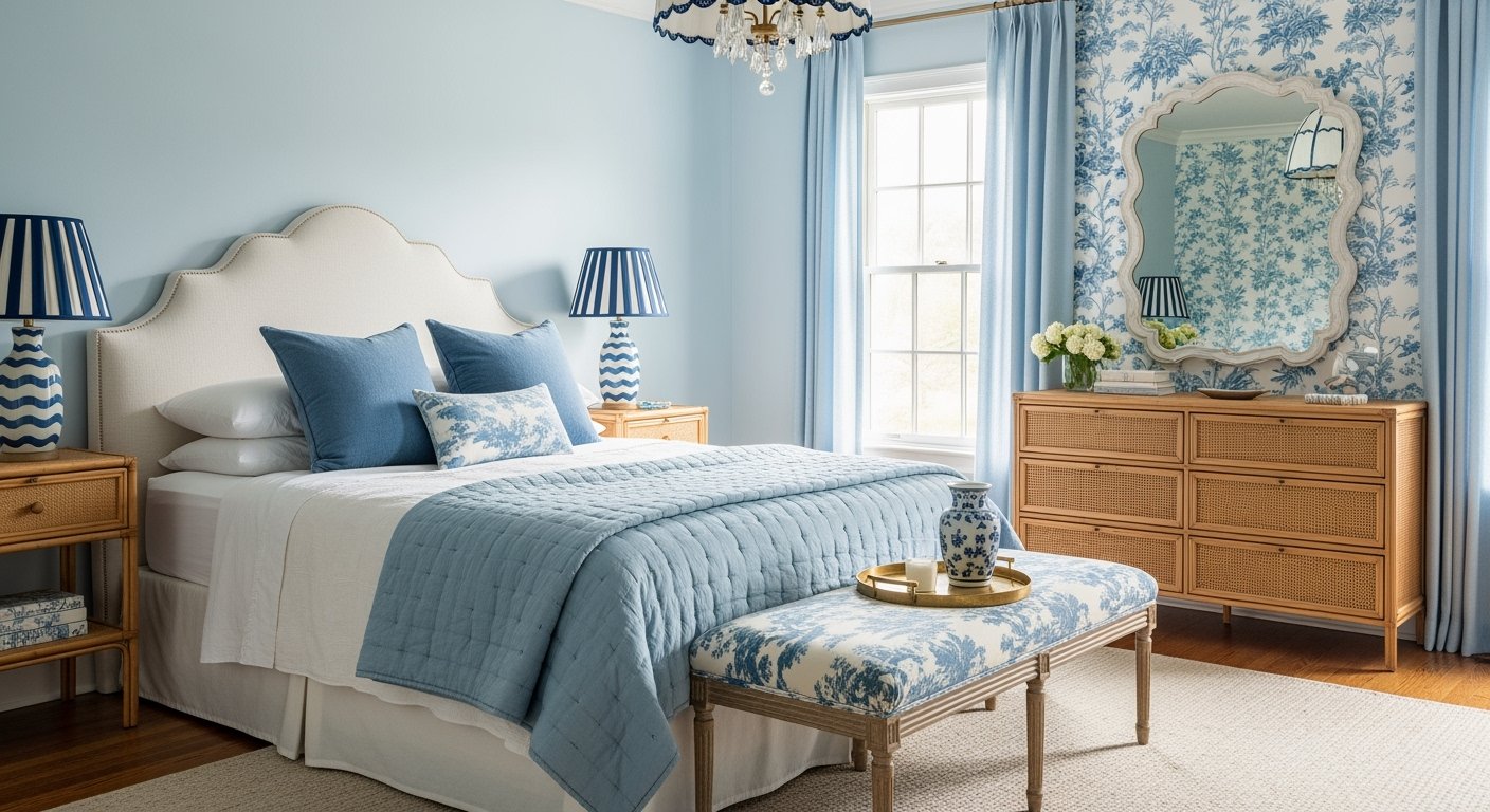 Elegant bedroom with light blue walls, white upholstered headboard, patterned bench, and layered blue bedding accented by striped lamps and wicker furniture.