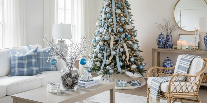 Bright living room with a Christmas tree decorated in blue and silver ornaments, paired with cozy white seating and blue plaid pillows for an elegant blue Christmas décor theme.