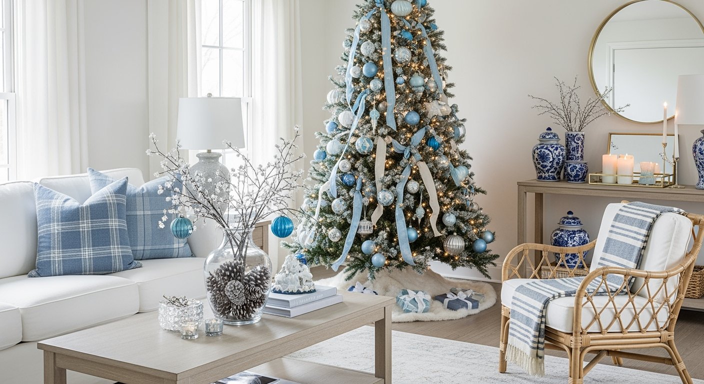 Bright living room with a Christmas tree decorated in blue and silver ornaments, paired with cozy white seating and blue plaid pillows for an elegant blue Christmas décor theme.
