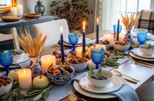 A Thanksgiving décor table set with glowing candles, blue glassware, figs, nuts, mini white pumpkins, and wheat stalks in patterned vases.