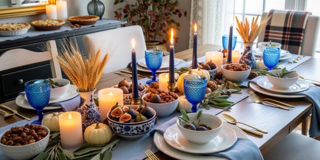 A Thanksgiving décor table set with glowing candles, blue glassware, figs, nuts, mini white pumpkins, and wheat stalks in patterned vases.