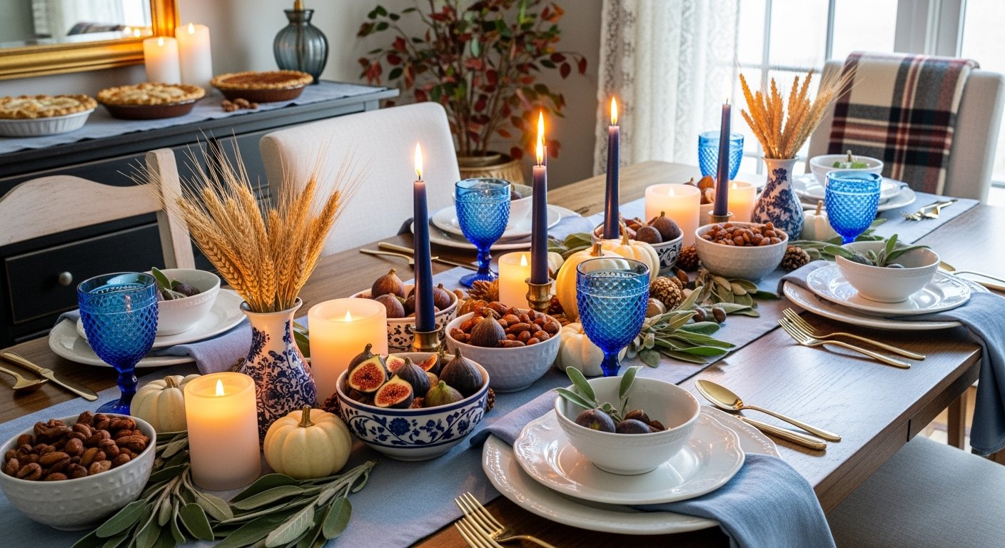 A Thanksgiving décor table set with glowing candles, blue glassware, figs, nuts, mini white pumpkins, and wheat stalks in patterned vases.