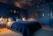 Breezy, Stylish Boys Bedroom Ideas for Modern Families 258 Space-themed bedroom with dark blue walls and glowing constellations on the ceiling, featuring moon phase artwork, a neatly made bed with navy bedding, and modern lamps on clear acrylic nightstands.