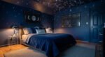 Breezy, Stylish Boys Bedroom Ideas for Modern Families Space-themed bedroom with dark blue walls and glowing constellations on the ceiling, featuring moon phase artwork, a neatly made bed with navy bedding, and modern lamps on clear acrylic nightstands.