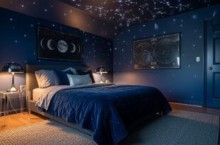 Space-themed bedroom with dark blue walls and glowing constellations on the ceiling, featuring moon phase artwork, a neatly made bed with navy bedding, and modern lamps on clear acrylic nightstands.