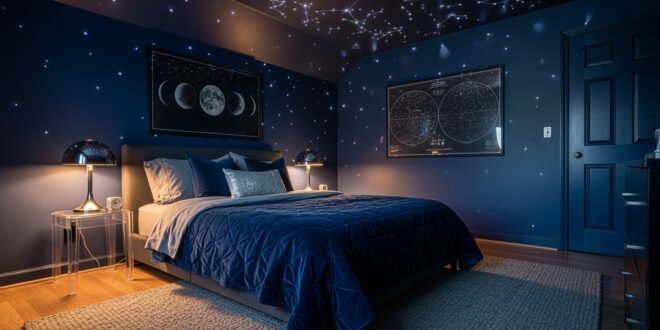 Space-themed bedroom with dark blue walls and glowing constellations on the ceiling, featuring moon phase artwork, a neatly made bed with navy bedding, and modern lamps on clear acrylic nightstands.