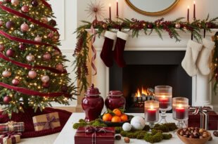 Living room with a glowing fireplace, burgundy Christmas tree decorations, and stockings hung on a garlanded mantel for a Cozy Christmas Décor scene.