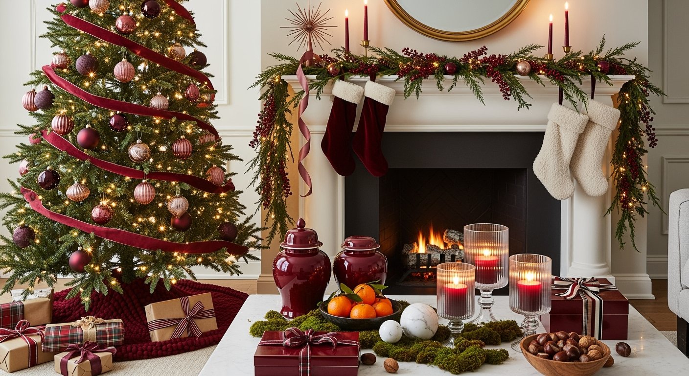 Living room with a glowing fireplace, burgundy Christmas tree decorations, and stockings hung on a garlanded mantel for a Cozy Christmas Décor scene.