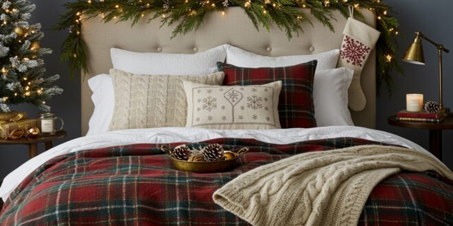 Bed styled with red and green plaid christmas bedding, knit throw blanket, and festive pillows, with garland, stocking, and candles creating cozy Christmas décor.