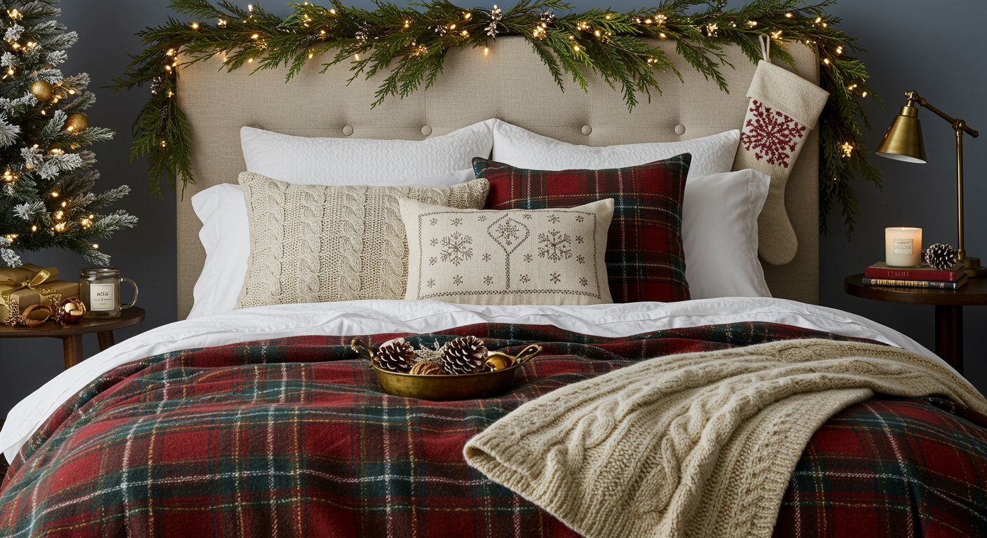 Bed styled with red and green plaid christmas bedding, knit throw blanket, and festive pillows, with garland, stocking, and candles creating cozy Christmas décor.
