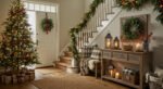 Cozy Christmas Décor for a christmas entryway A warmly lit christmas entryway with a decorated tree, garland-wrapped staircase, and a rustic console table topped with candles, lanterns, and a wreath.