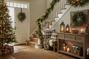 A warmly lit christmas entryway with a decorated tree, garland-wrapped staircase, and a rustic console table topped with candles, lanterns, and a wreath.