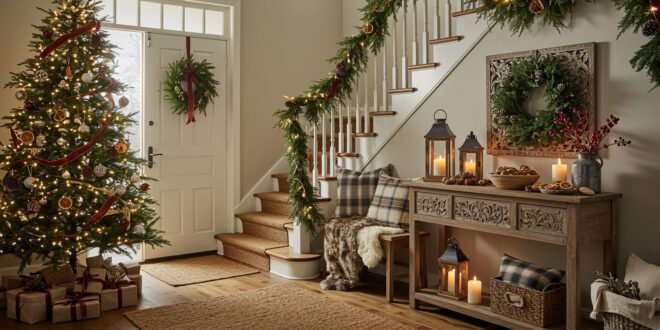 A warmly lit christmas entryway with a decorated tree, garland-wrapped staircase, and a rustic console table topped with candles, lanterns, and a wreath.