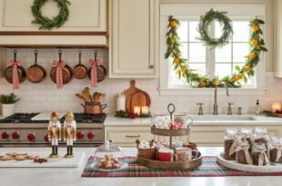 Warm and festive christmas kitchen decorated with copper pots, striped ribbons, and greenery, featuring nutcracker figurines, gingerbread cookies, and a hot cocoa station on a marble island.