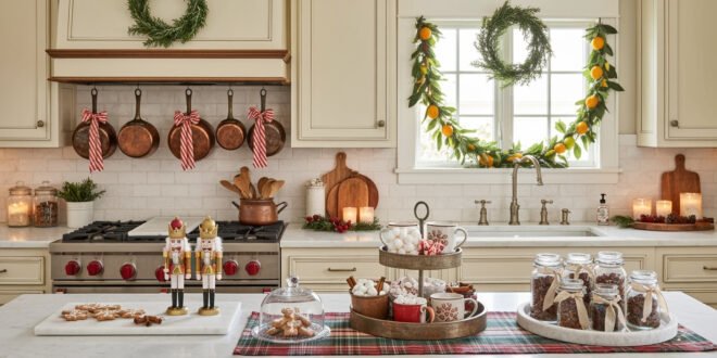 Warm and festive christmas kitchen decorated with copper pots, striped ribbons, and greenery, featuring nutcracker figurines, gingerbread cookies, and a hot cocoa station on a marble island.