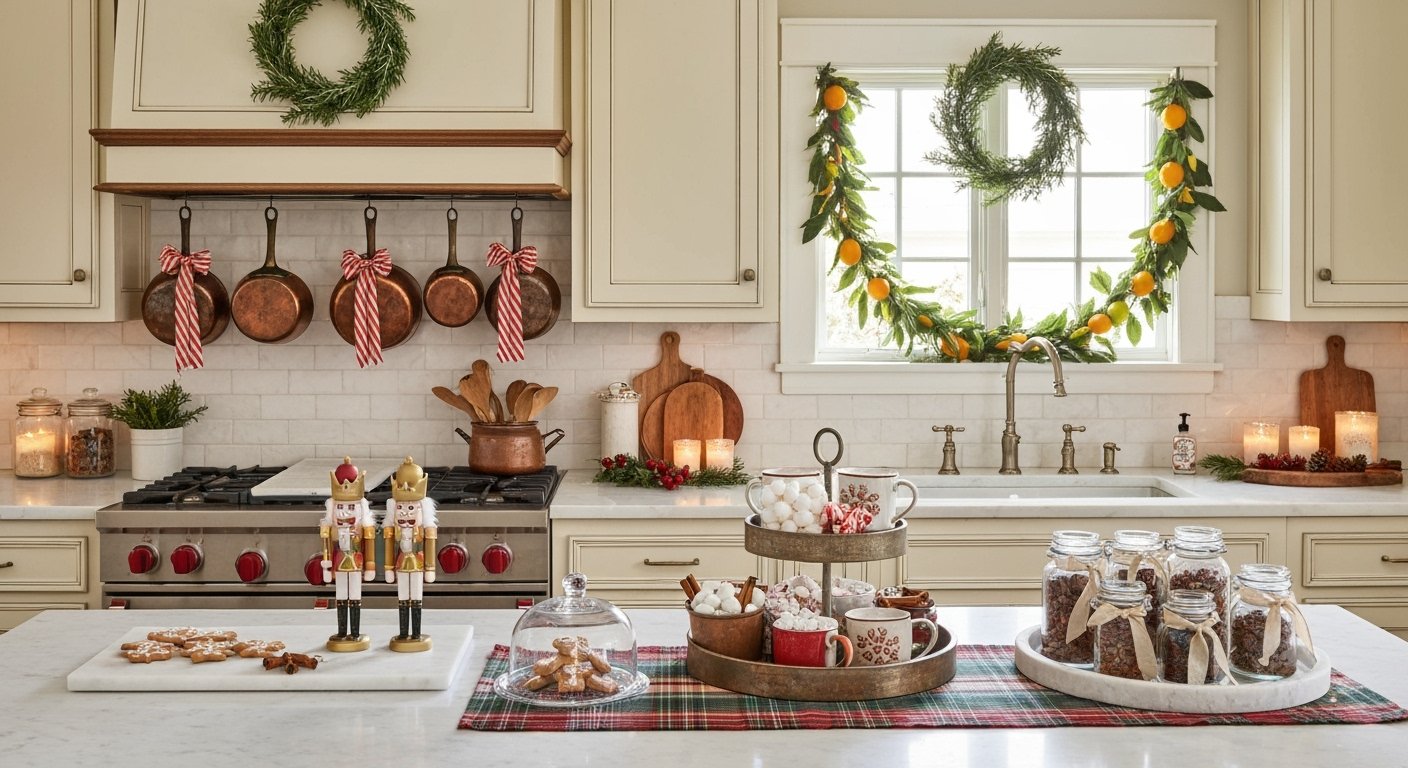 Warm and festive christmas kitchen decorated with copper pots, striped ribbons, and greenery, featuring nutcracker figurines, gingerbread cookies, and a hot cocoa station on a marble island.
