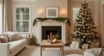 A bright christmas living room with a lit tree decorated in gold ornaments and ribbon beside a white fireplace with greenery and candles, surrounded by soft beige seating.