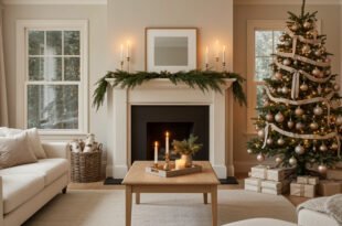 A bright christmas living room with a lit tree decorated in gold ornaments and ribbon beside a white fireplace with greenery and candles, surrounded by soft beige seating.