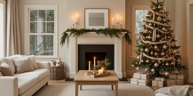 A bright christmas living room with a lit tree decorated in gold ornaments and ribbon beside a white fireplace with greenery and candles, surrounded by soft beige seating.