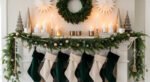 Festive christmas mantle decor with a green garland, candles, metallic trees, a wreath, and six stockings in green and cream hanging below.