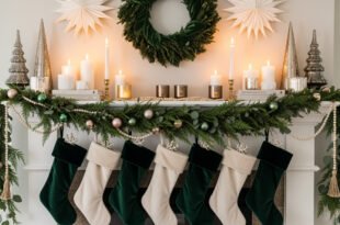 Festive christmas mantle decor with a green garland, candles, metallic trees, a wreath, and six stockings in green and cream hanging below.