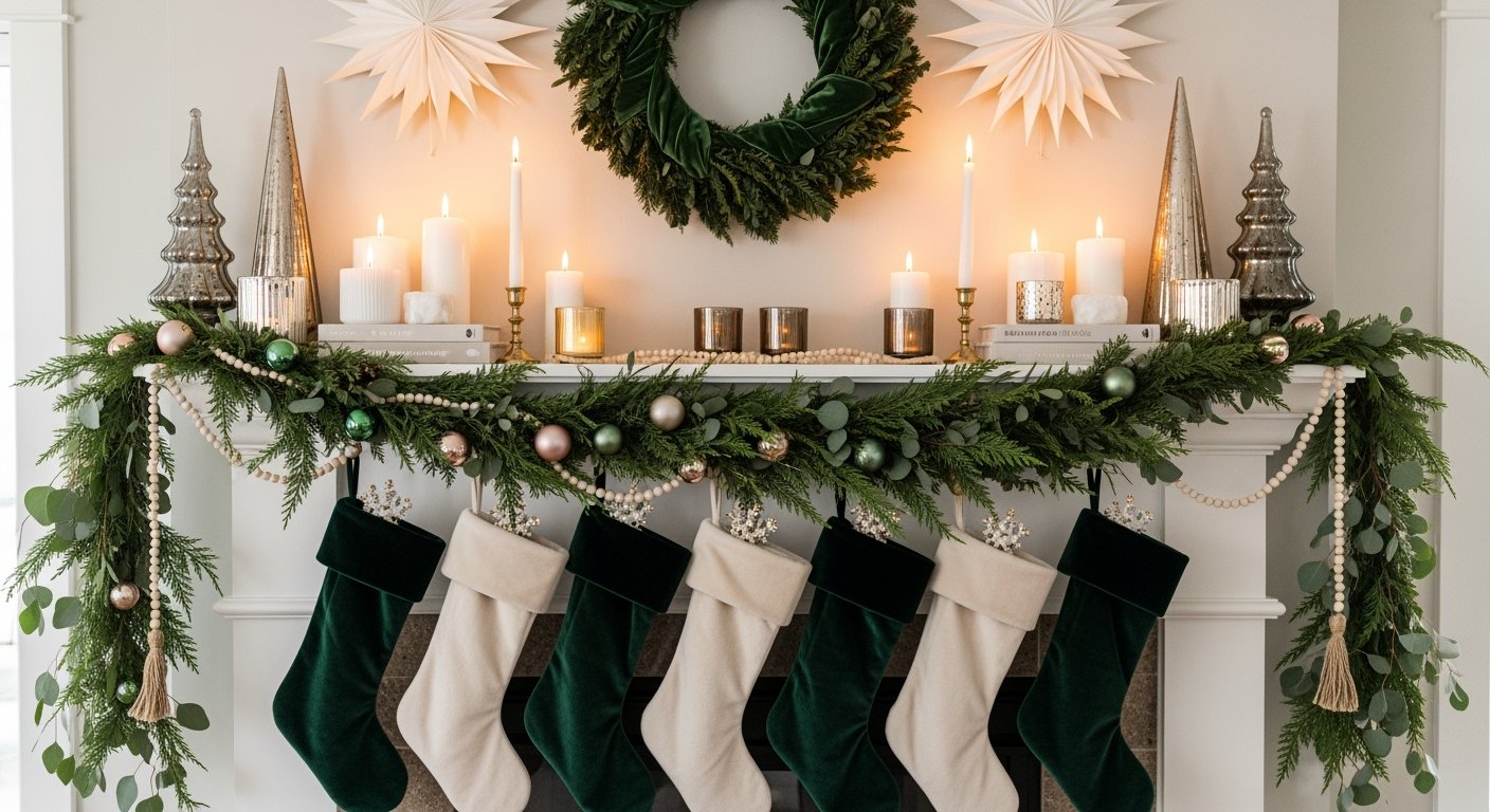 Festive christmas mantle decor with a green garland, candles, metallic trees, a wreath, and six stockings in green and cream hanging below.