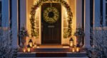 Front porch decorated with a glowing Christmas wreath, garland of twinkling lights, potted trees with ornaments, and lanterns with candles, creating a warm and cozy Christmas décor.